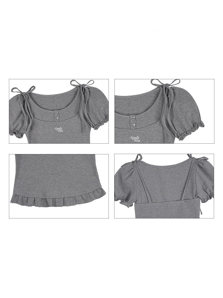 Sweet Pure Faux Two Piece Ribbon Puff Sleeve Tops【s0000012991】