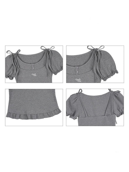 Sweet Pure Faux Two Piece Ribbon Puff Sleeve Tops【s0000012991】