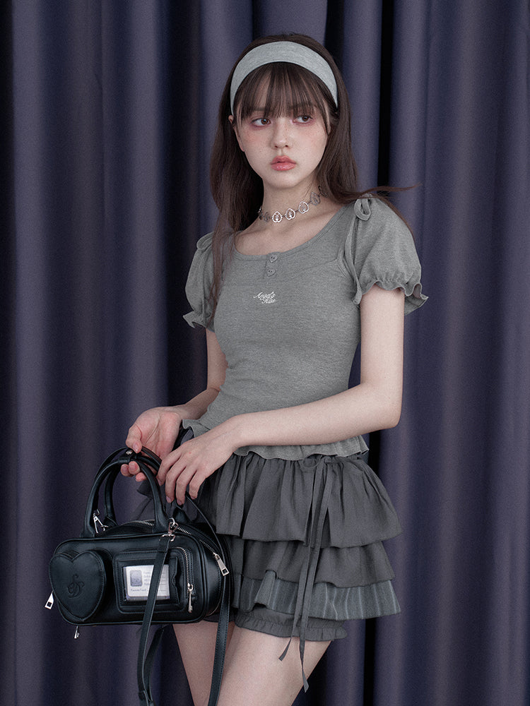 Sweet Pure Faux Two Piece Ribbon Puff Sleeve Tops【s0000012991】