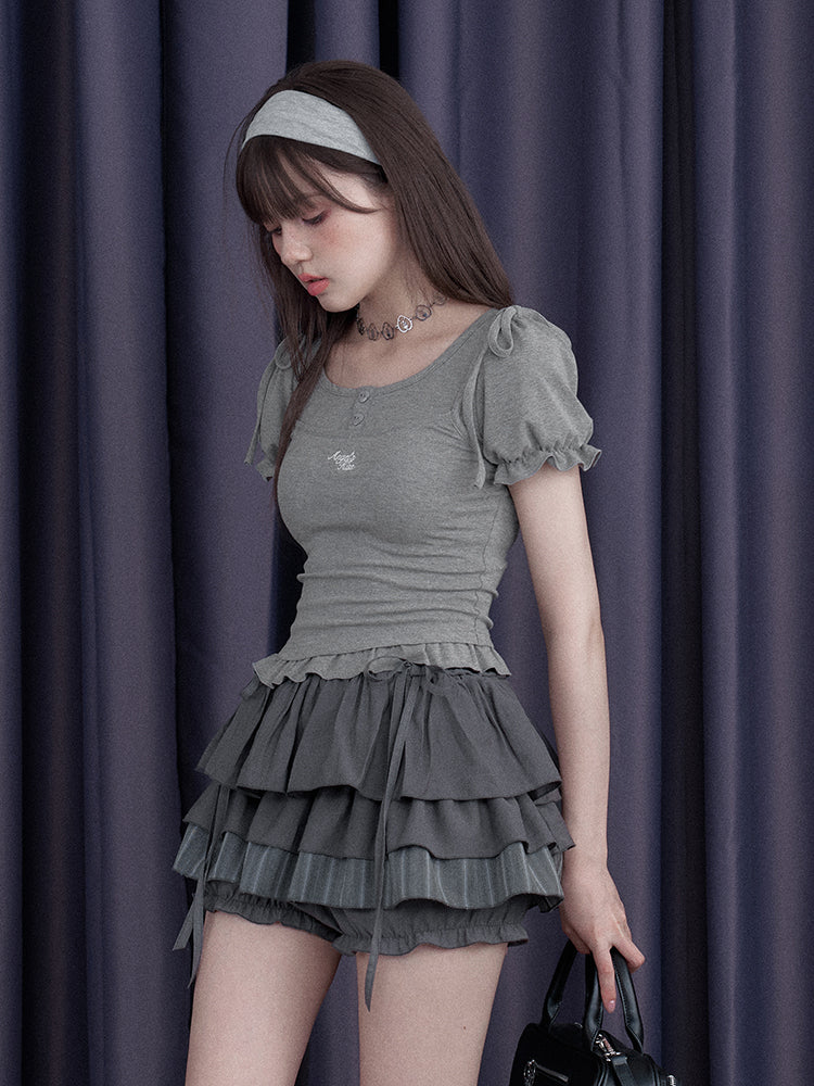 Sweet Pure Faux Two Piece Ribbon Puff Sleeve Tops【s0000012991】