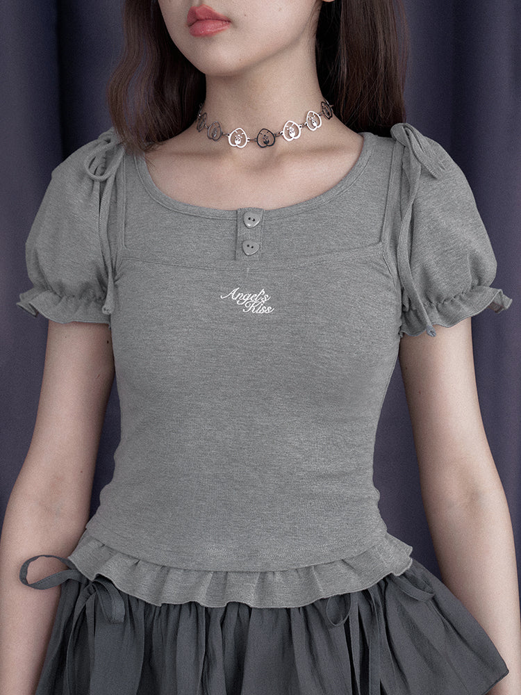 Sweet Pure Faux Two Piece Ribbon Puff Sleeve Tops【s0000012991】