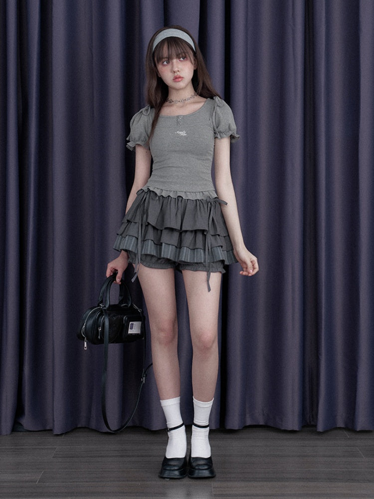 Sweet Pure Faux Two Piece Ribbon Puff Sleeve Tops【s0000012991】