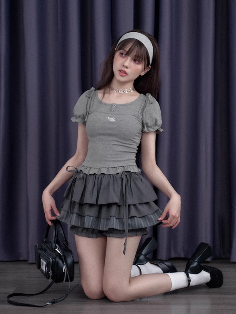 Sweet Pure Faux Two Piece Ribbon Puff Sleeve Tops【s0000012991】