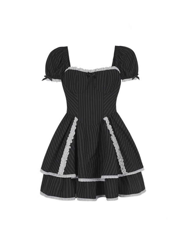 Lolita Sweet Stripe Puff Sleeves Lace Cake Dress【s0000012992】