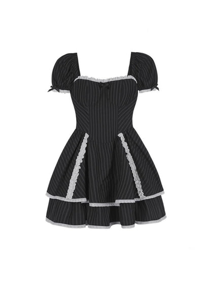 Lolita Sweet Stripe Puff Sleeves Lace Cake Dress【s0000012992】