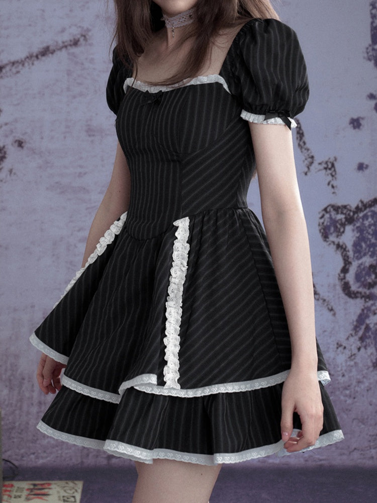 Lolita Sweet Stripe Puff Sleeves Lace Cake Dress【s0000012992】