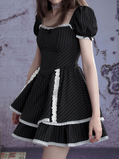 Lolita Sweet Stripe Puff Sleeves Lace Cake Dress【s0000012992】