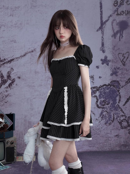 Lolita Sweet Stripe Puff Sleeves Lace Cake Dress【s0000012992】