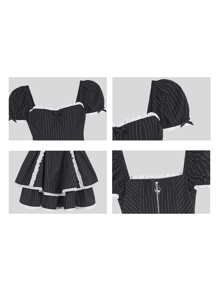 Lolita Sweet Stripe Puff Sleeves Lace Cake Dress【s0000012992】