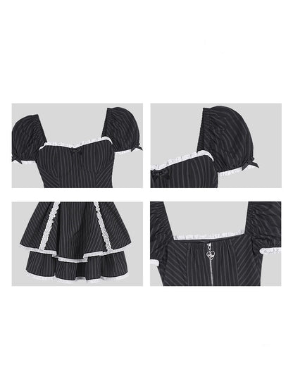 Lolita Sweet Stripe Puff Sleeves Lace Cake Dress【s0000012992】