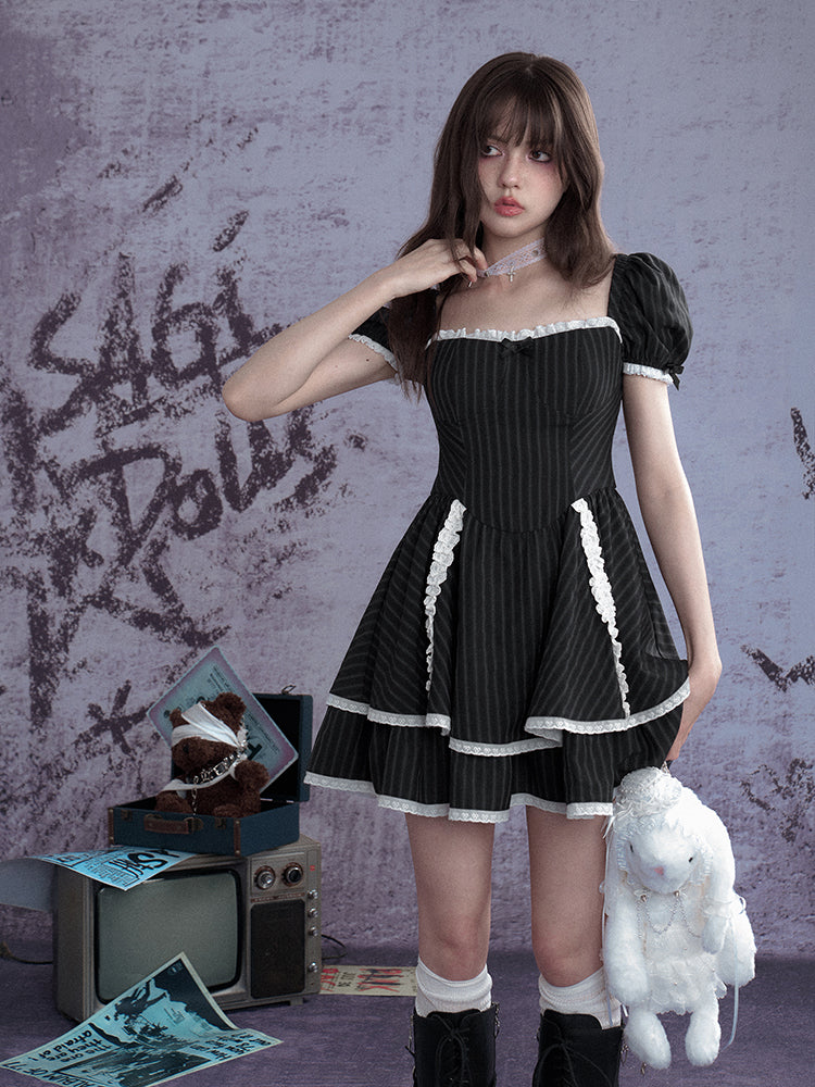 Lolita Sweet Stripe Puff Sleeves Lace Cake Dress【s0000012992】