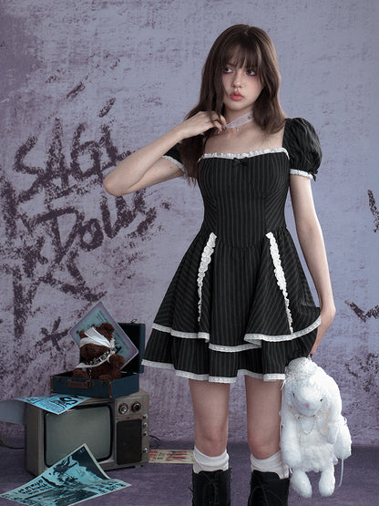 Lolita Sweet Stripe Puff Sleeves Lace Cake Dress【s0000012992】