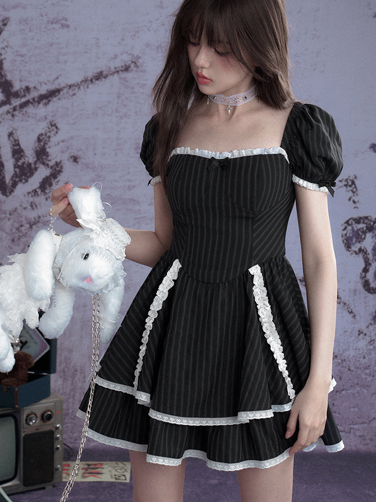 Lolita Sweet Stripe Puff Sleeves Lace Cake Dress【s0000012992】