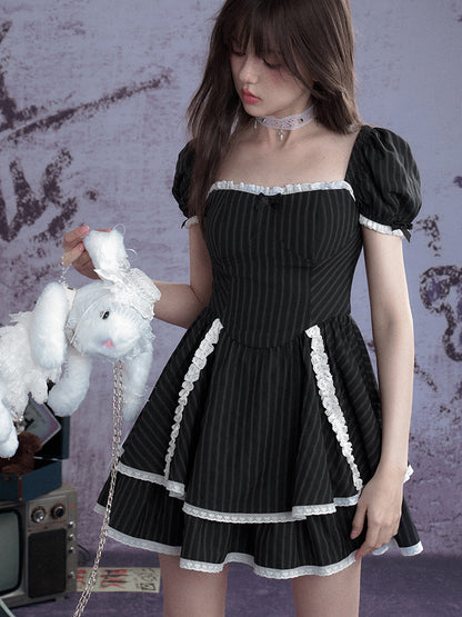 Lolita Sweet Stripe Puff Sleeves Lace Cake Dress【s0000012992】