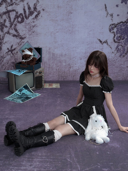 Lolita Sweet Stripe Puff Sleeves Lace Cake Dress【s0000012992】