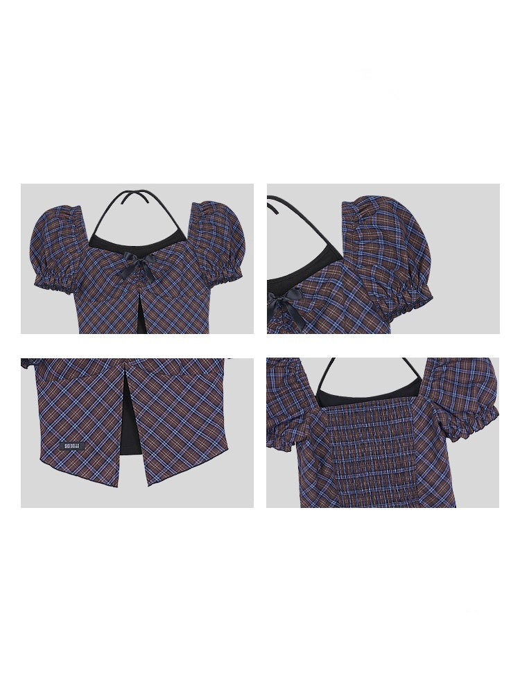 Halter Neck Checkered Puff Sleeve Tops【s0000012993】
