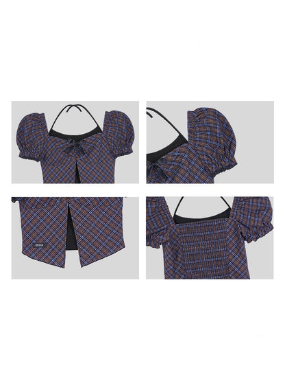 Halter Neck Checkered Puff Sleeve Tops【s0000012993】