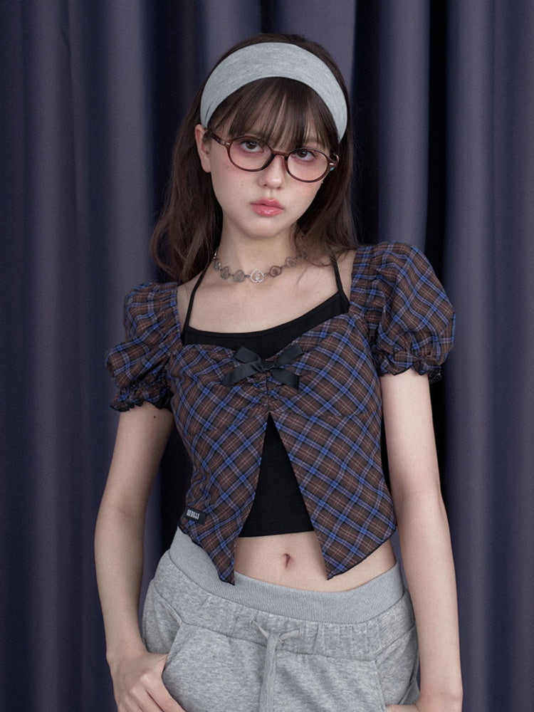 Halter Neck Checkered Puff Sleeve Tops【s0000012993】