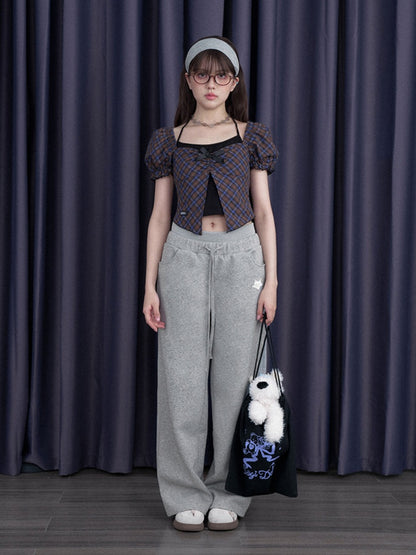 Halter Neck Checkered Puff Sleeve Tops【s0000012993】