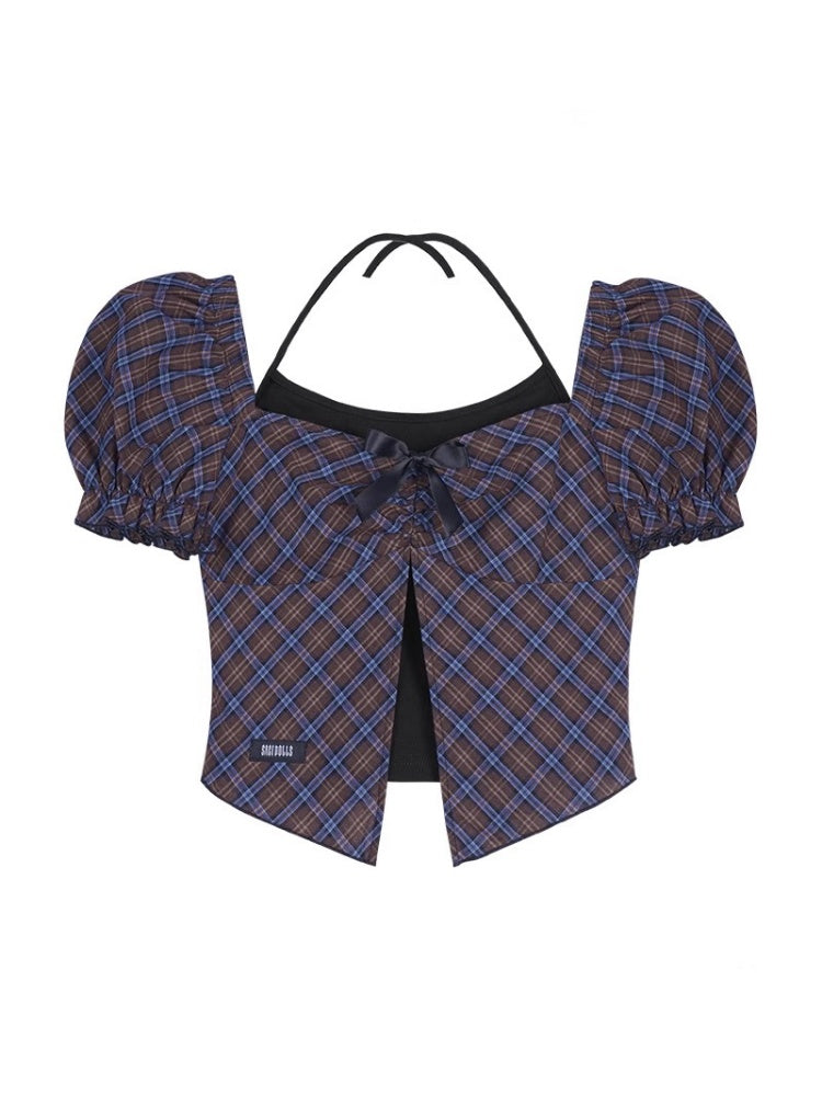 Halter Neck Checkered Puff Sleeve Tops【s0000012993】
