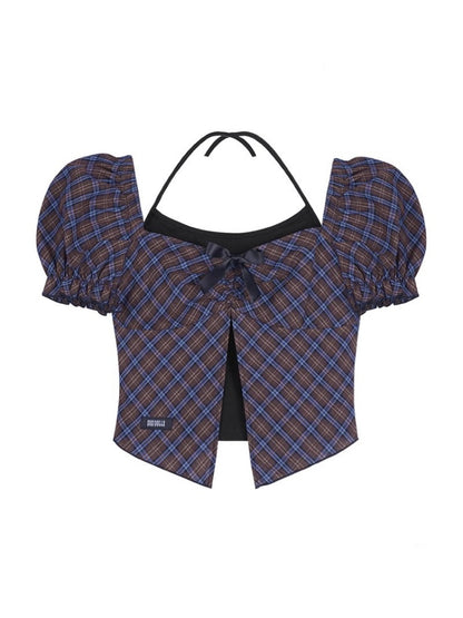 Halter Neck Checkered Puff Sleeve Tops【s0000012993】