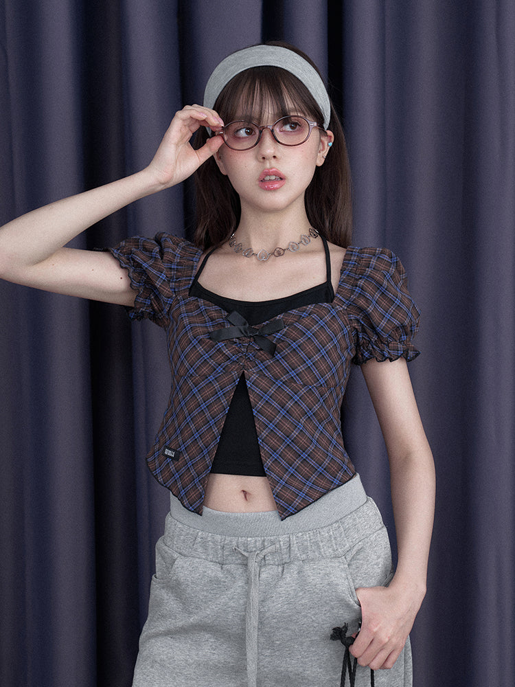 Halter Neck Checkered Puff Sleeve Tops【s0000012993】