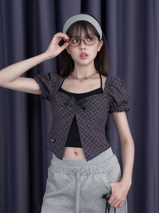 Halter Neck Checkered Puff Sleeve Tops【s0000012993】