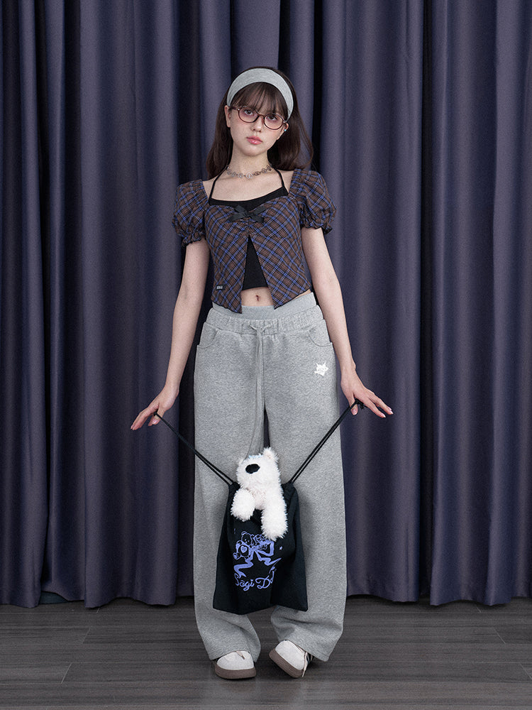 Halter Neck Checkered Puff Sleeve Tops【s0000012993】