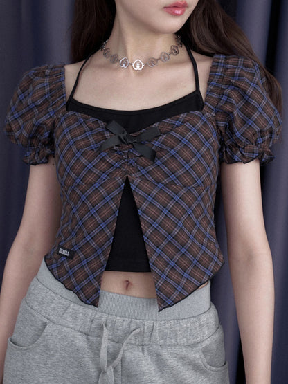 Halter Neck Checkered Puff Sleeve Tops【s0000012993】