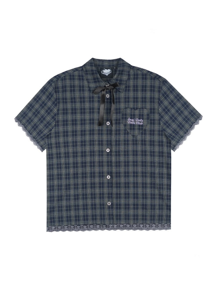 Checkered Bow Heart Embroidery Lace Loose Shirt【s0000012994】