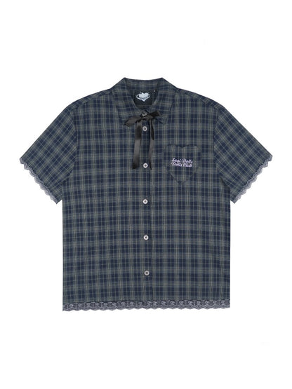 Checkered Bow Heart Embroidery Lace Loose Shirt【s0000012994】