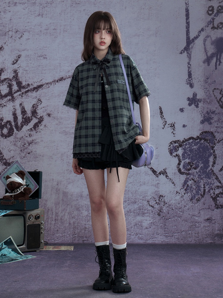 Checkered Bow Heart Embroidery Lace Loose Shirt【s0000012994】