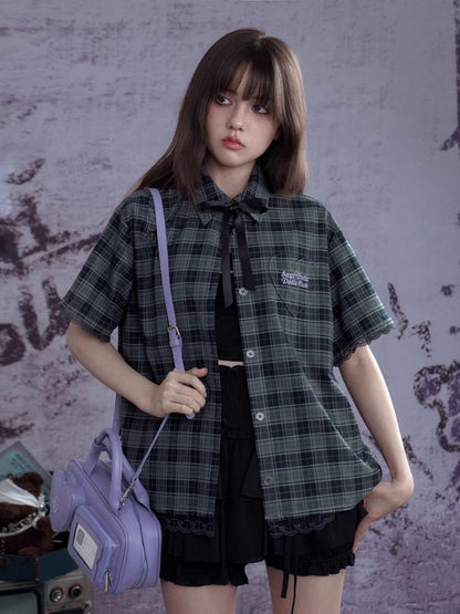 Checkered Bow Heart Embroidery Lace Loose Shirt【s0000012994】