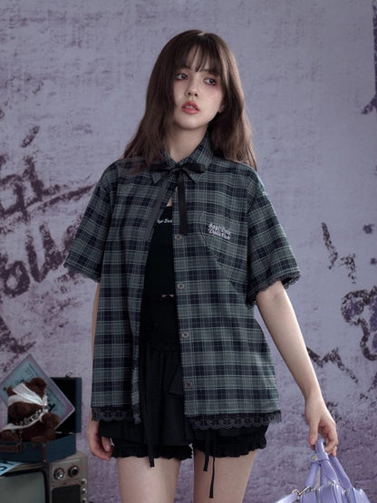 Checkered Bow Heart Embroidery Lace Loose Shirt【s0000012994】