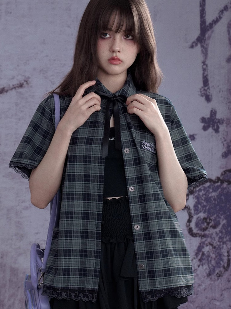 Checkered Bow Heart Embroidery Lace Loose Shirt【s0000012994】
