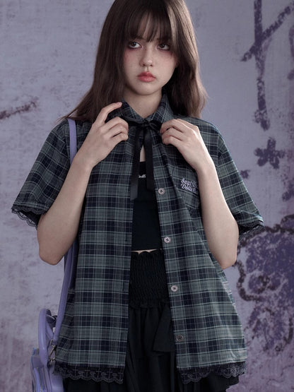 Checkered Bow Heart Embroidery Lace Loose Shirt【s0000012994】