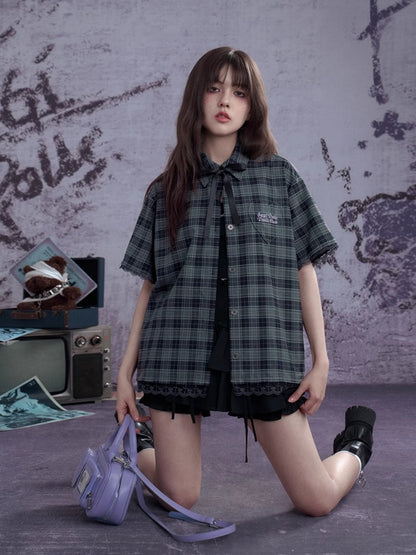Checkered Bow Heart Embroidery Lace Loose Shirt【s0000012994】