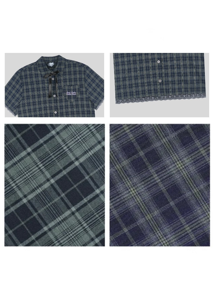 Checkered Bow Heart Embroidery Lace Loose Shirt【s0000012994】