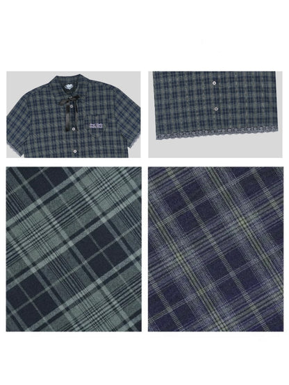 Checkered Bow Heart Embroidery Lace Loose Shirt【s0000012994】