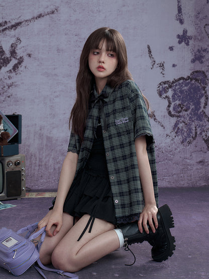 Checkered Bow Heart Embroidery Lace Loose Shirt【s0000012994】