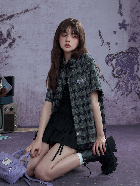 Checkered Bow Heart Embroidery Lace Loose Shirt【s0000012994】