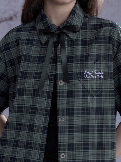 Checkered Bow Heart Embroidery Lace Loose Shirt【s0000012994】