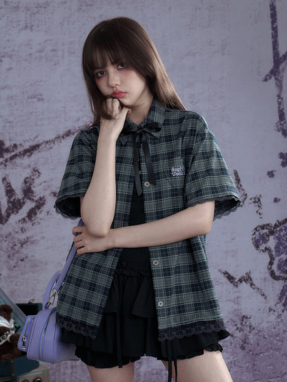 Checkered Bow Heart Embroidery Lace Loose Shirt【s0000012994】