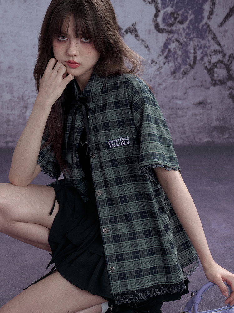 Checkered Bow Heart Embroidery Lace Loose Shirt【s0000012994】