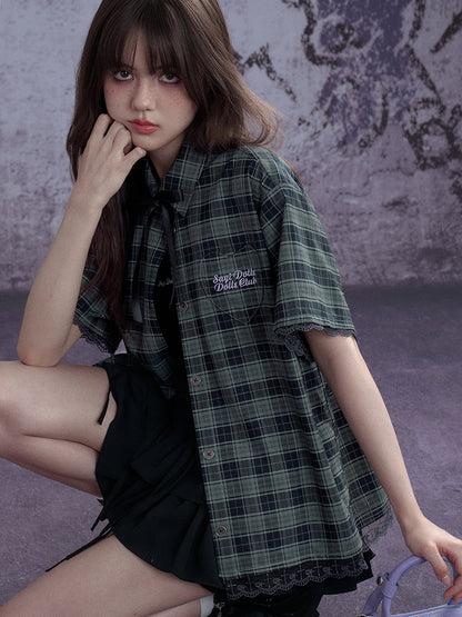 Checkered Bow Heart Embroidery Lace Loose Shirt【s0000012994】