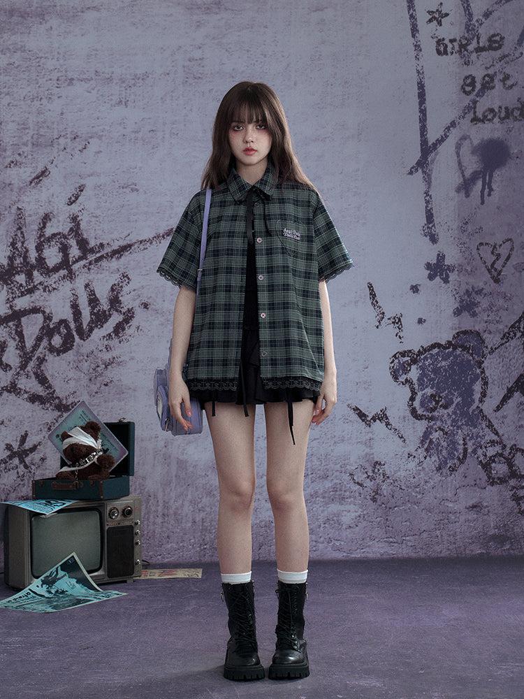 Checkered Bow Heart Embroidery Lace Loose Shirt【s0000012994】