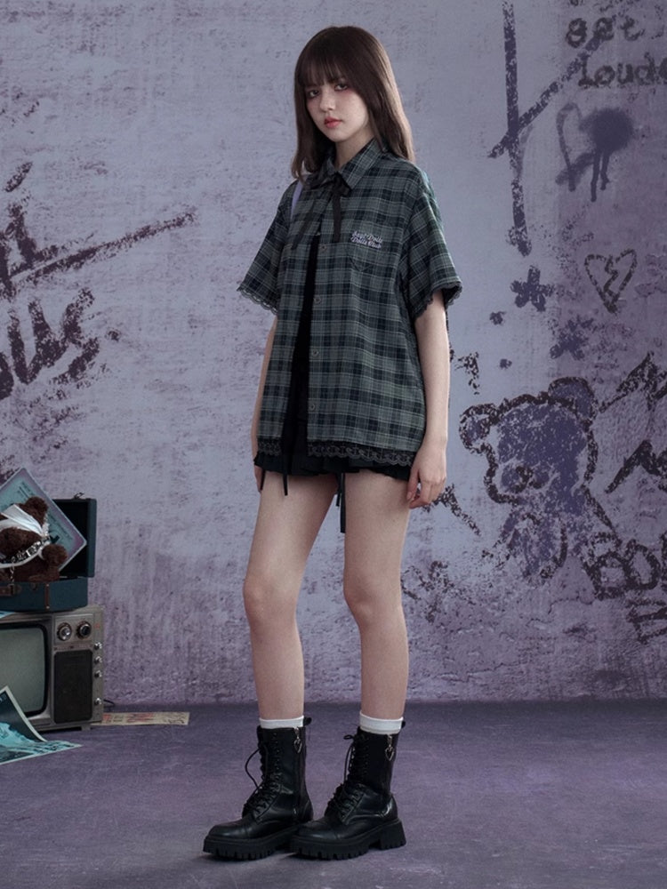 Checkered Bow Heart Embroidery Lace Loose Shirt【s0000012994】