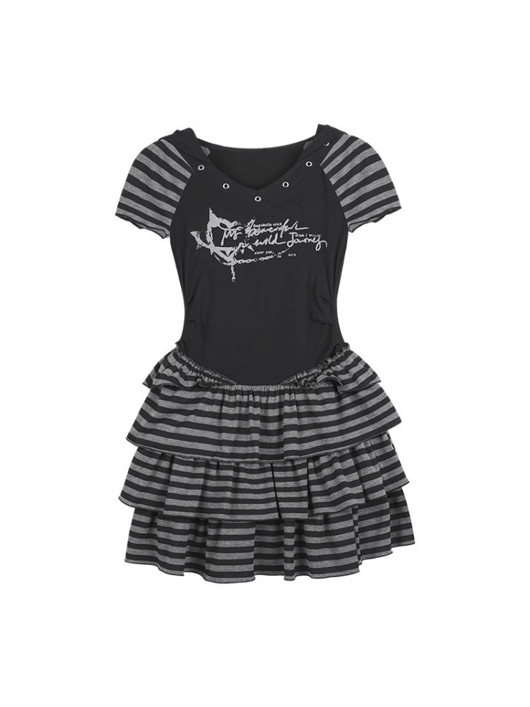 Y2K Street Punk Striped Hooded Short Sleeve Dress【s0000012995】