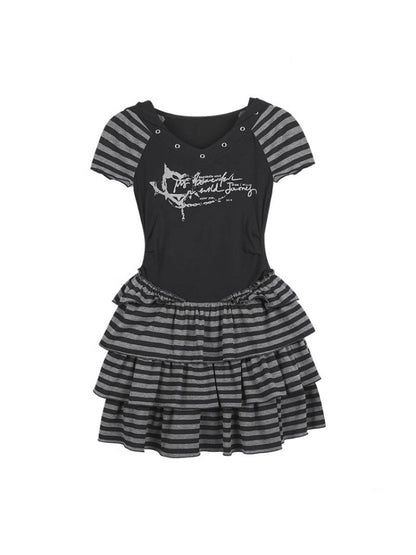 Y2K Street Punk Striped Hooded Short Sleeve Dress【s0000012995】