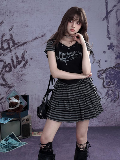 Y2K Street Punk Striped Hooded Short Sleeve Dress【s0000012995】